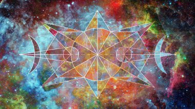 Cosmos geometrik arka plan çokgenler, üçgenler, yıldız ve bulutsu ile soyut. Poligonal cennet zemin. Nasa tarafından döşenmiş bu görüntü unsurları.