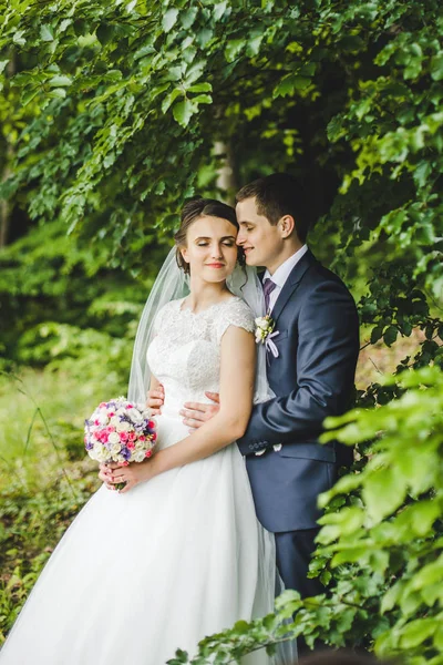 Ritratto di sposa e sposo nella foresta — Foto Stock