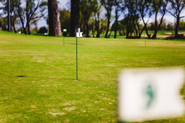 Près de la marque du drapeau dans le trou sur le terrain de golf — Photo