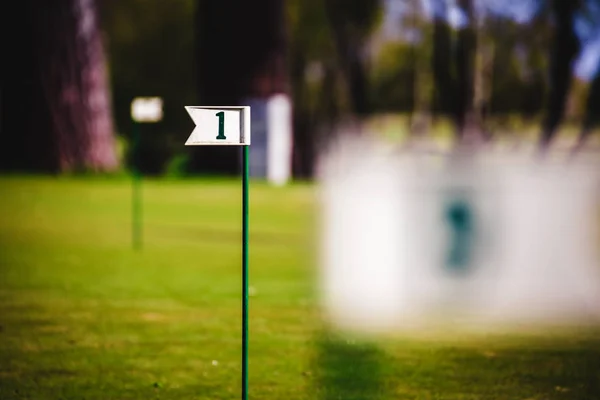Close up of flag mark in hole on golf field — Stock Photo, Image