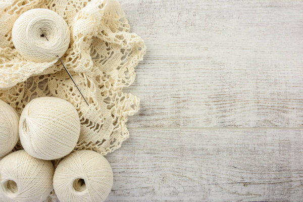 crochet  on a  table. top view, copy space