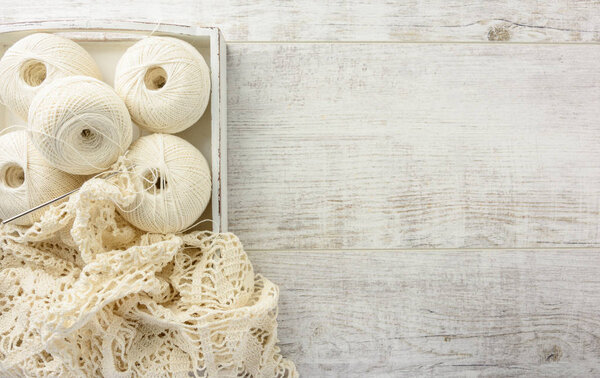 crochet  on a  table. top view, copy space