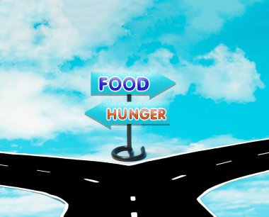 Yemek ve yol işaretleri sembolü açlık arasında ikilem