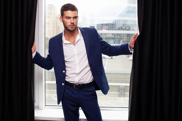 Young Man Wearing Jacket Posing Window — Stock Photo, Image