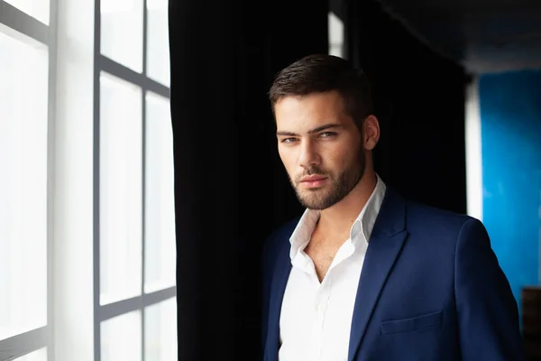 Young Man Wearing Jacket Posing Window — Stock Photo, Image