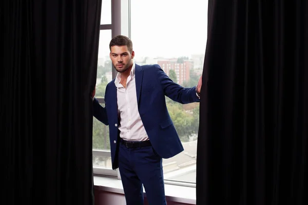 Young Man Wearing Jacket Posing Window — Stock Photo, Image