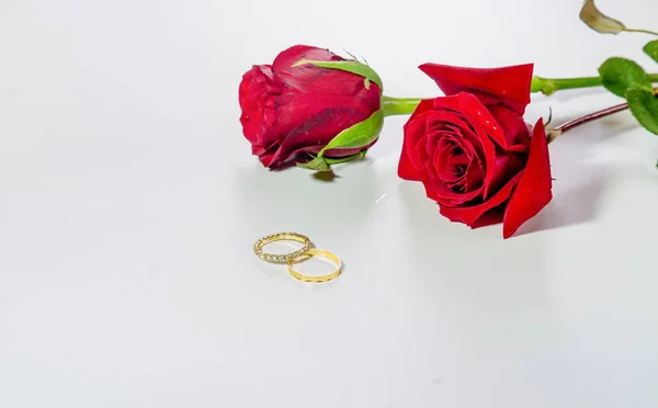 Romantische rote Rosen mit steinbesetzten goldenen Verlobungsringen im hellen Hintergrund — Stockfoto