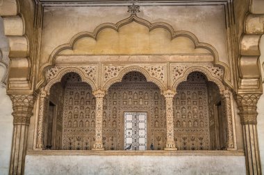 Royal enclosure at  Diwan-i-am in Agra Fort with intricate marble carvings and artwork. clipart