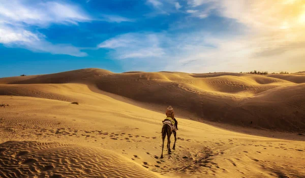 Vrouwelijke Toerist Genieten Van Woestijn Safari Thar Woestijn Jaisalmer Rajasthan — Stockfoto