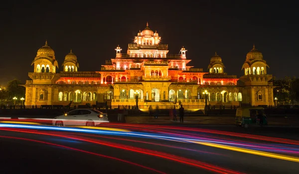 Museu Histórico Albert Hall Jaipur Rajasthan Iluminação Noturna Com Semáforos — Fotografia de Stock