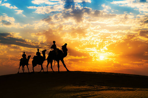 Camel caravan in silhouette at Thar desert, Jaisalmer, Rajasthan, India at sunset with moody sky.