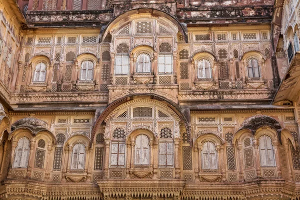 Historické Mehrangarh Fort Exteriér Architektura Detaily Složitým Uměleckým Dílem Mehrangarh — Stock fotografie