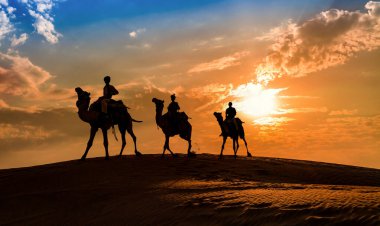 Gün batımında Hindistan 'da Jaisalmer, Jaisalmer, Rajasthan' da, Thar Çölü 'nde gölgeli bir deve kervanı..