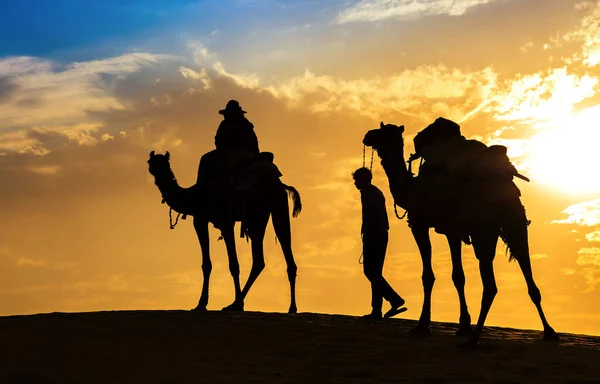 拉贾斯坦邦贾塞尔默的塔尔沙漠 傍晚时分 带着闷热的天空 游客们乘坐骆驼旅行在轮廓中 — 图库照片