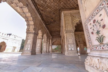 Kırmızı Kale 'nin içi beyaz mermer, ortaçağ mimarisi. Delhi' deki Diwan-i-Kha 'ların karmaşık taş oymaları.