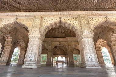 Hindistan, Delhi 'deki Diwan-i-Khas' ın karmaşık oymalarıyla kırmızı kale ortaçağ beyaz mermer mimarisi.