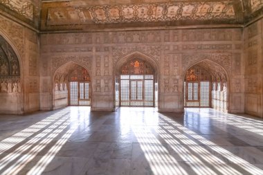 Agra Kalesi kraliyet sarayı. Ortaçağ mimarisi. Karmaşık duvar resimleri ve oymalarla. Agra Kalesi, 1638 yılında Agra Hindistan 'da yapılmış bir Babür mimari başyapıtıdır.