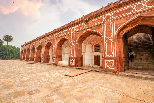 Architecture Médiévale Grès Rouge Marbre Tombeau Humayun Delhi Inde Coucher — Photo