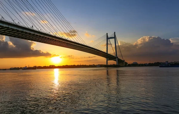 Ponte Suspensão Conhecida Como Vidyasagar Setu Construído Rio Ganges Entardecer — Fotografia de Stock