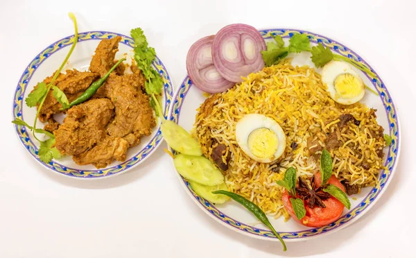 Popular Indian Mughlai Cuisine Chicken Biriyani Rice Spicy Mutton Kosha — Stock Photo, Image