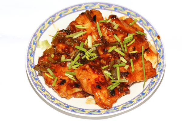 Spicy Indian Chili Fish Cuisine Prepared Sliced Bhetki Fish Oyester — Stock Photo, Image