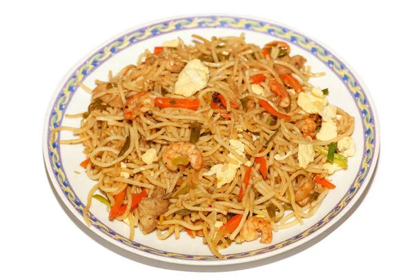 Hakka Chicken Chowmein Noodles Meal Prawn Egg Close Macro View — Stock Photo, Image