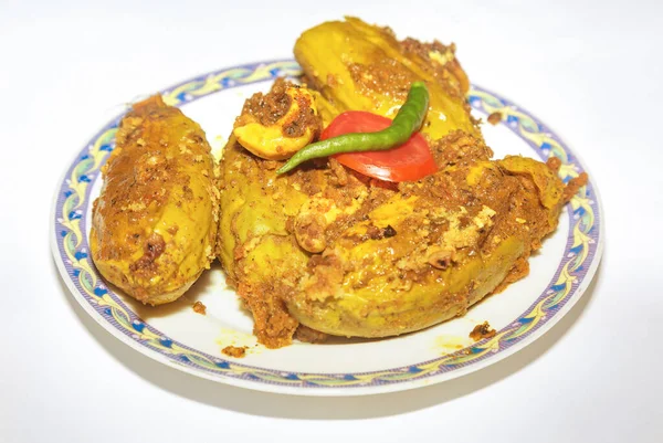 Leckeres Indisches Essen Zubereitet Mit Spitzkürbis Gefüllt Mit Fisch Der — Stockfoto