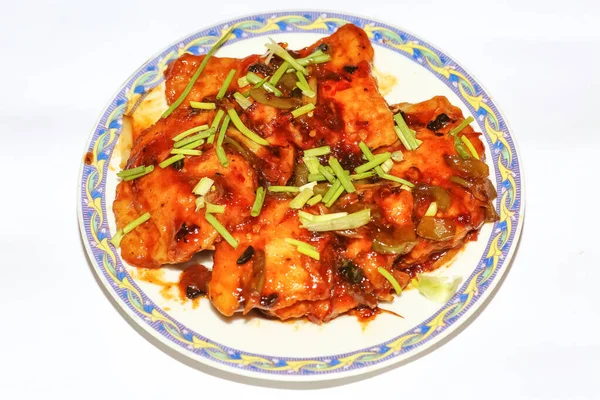 Indian Spicy Chili Fish Cuisine Prepared Bhetki Freshwater Fish Garnished — Stock Photo, Image