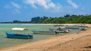 Hindistan, Andaman 'ı gezmek için turistlerin sürat teknelerini kullandığı Neil Adası' ndaki Radhanagar sahili..
