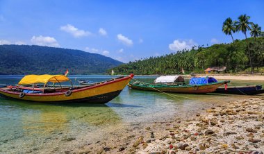 Tahta tekneler Kuzey Körfezi Sahili 'nde, Andaman Hindistan manzaralı..