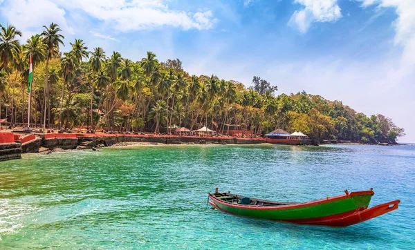 Escénica Playa Ross Island Andaman India Con Vista Barco Madera — Foto de Stock