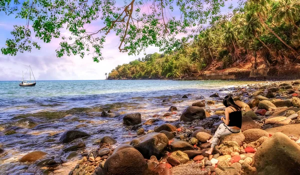 Ross Island Strand Andaman Mit Einer Jungen Touristin Genießt Einen — Stockfoto