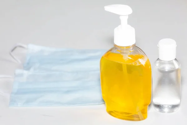 Hand Wash Liquid Gel Sanitizer Face Mask Display Shot Selective — Stock Photo, Image