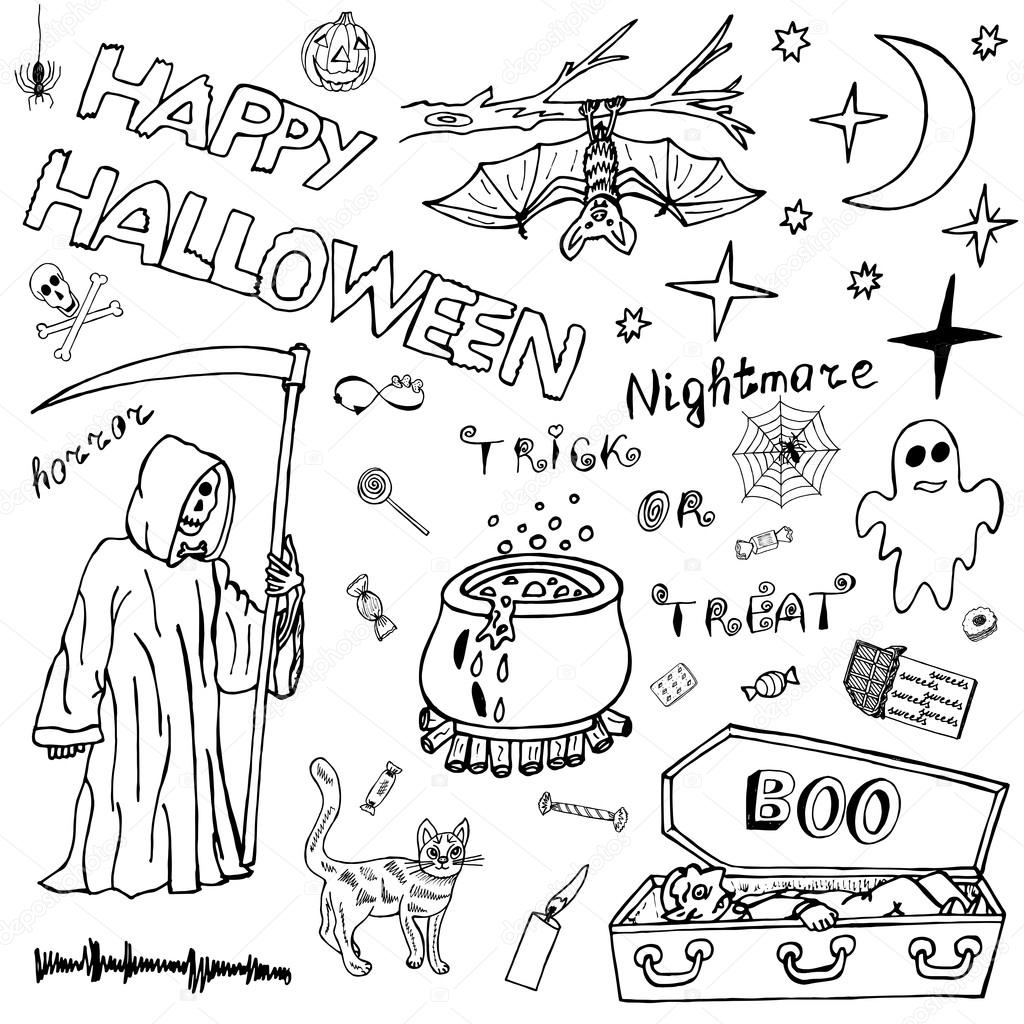 Premium Vector, Set doodle drawing hand drawn halloween black and white