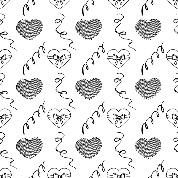 Unusual Hand Drawing Doodled Pattern with Romantic Hearts. — Stock Vector