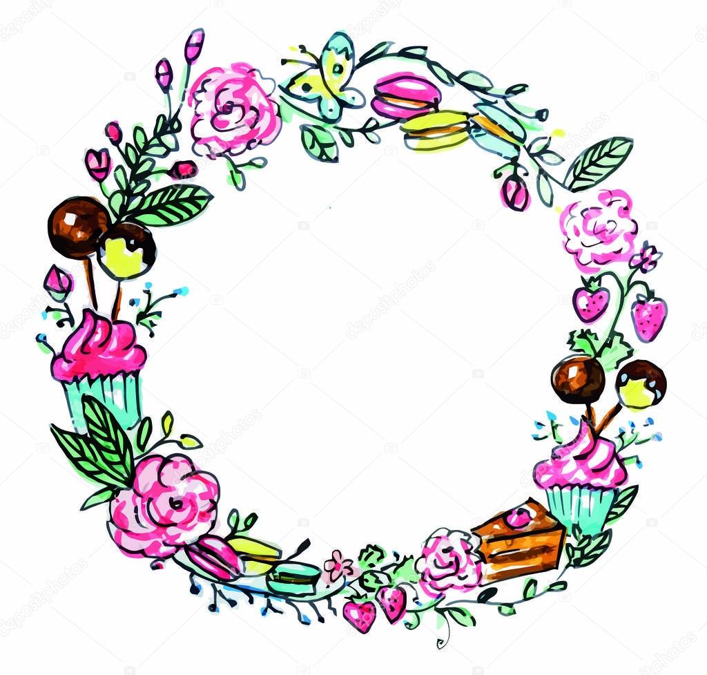Summer wreath of flowers, sweets, macarons, cupcakes, cakes, butterflies and strawberry.