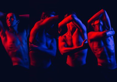 İzole koyu arka planı renkli sahne ışıkları üzerinde güçlü atletik gencin kırmızı ve mavi renkler moda sanat fotoğraf kolaj fotoğraf vücut geliştirme ayarla