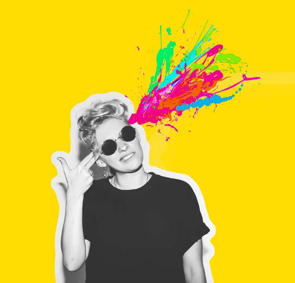 Magazine style collage headshot portrait of rocky emotional woman blow mind with finger gun gesture, brain explosion of colors. Mind brain blowing concept. Fun fashion blonde girl in rock sunglasses. — Stock Photo, Image
