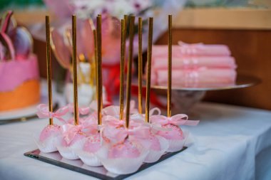 Çubukta ev yapımı şeker. Şeker Bara 'nın kızların doğum günü tatlıları için hazırladığı sağlıklı doğal ürünler..