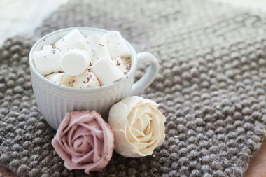 Morning coffee with homemade natural sweets. Marshmallow spree for diabetics. Homemade pink marshmallow. Present for woman on valentines day. Sweets from natural products without GMOs.