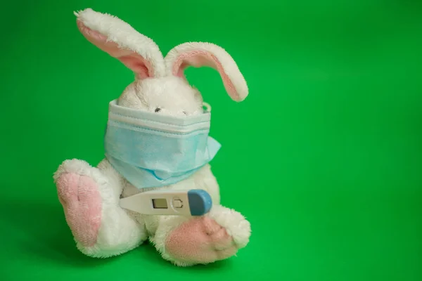 장난감 토끼는 이마에 노출되지 적외선 온도계로 마스크를 착용하고 코로나 바이러스인 — 스톡 사진