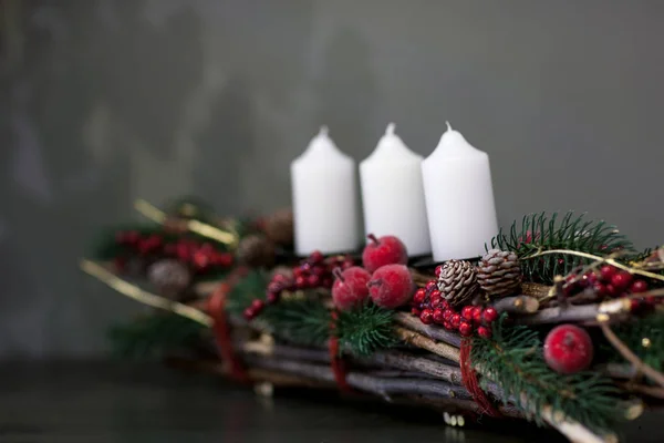 Decorations Christmas candles on gray background — Stock Photo, Image