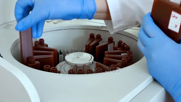 Meisje Een Medisch Laboratorium Zet Serummonsters Machine Voor Analyse Apparatuur — Stockvideo