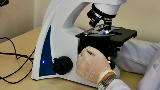 Laborantin Arbeitet Mit Mikroskop Nahaufnahme Die Kamera Ist Fest — Stockvideo