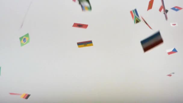 在白色背景上悬挂世界国旗 相机是静止的 — 图库视频影像