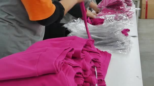 Ruhák Minőség Ellenőrzése Textilgyárban Textiltermékek Csomagolásában Dolgozó Munkavállalók — Stock videók