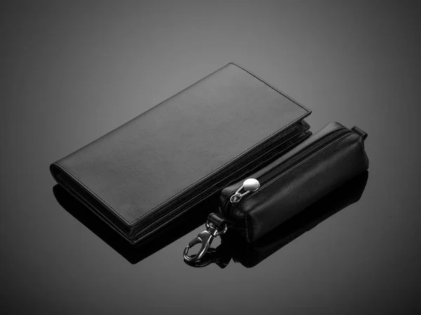 Модный Кожаный Бумажник Футляр Ключей Черном Фоне — стоковое фото