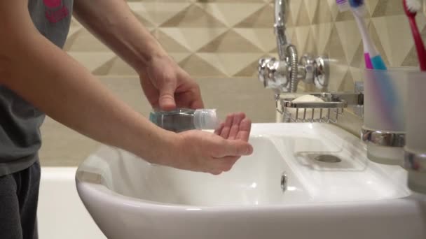 Man Bathroom Washes His Hands Antiseptic Antibacterial Agent Concept Protection — Stock Video