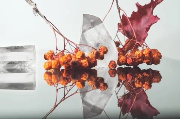 Pamuk Prenses, şeffaf kuvarstan oluşan büyük bir kristal. Arkaplanda rowan üzümleri ve dağ küllerinden oluşan Chalcedony mücevheri