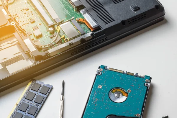 Cyber veri saldırı kavramı: laptop, kaza anakart, kırık beni